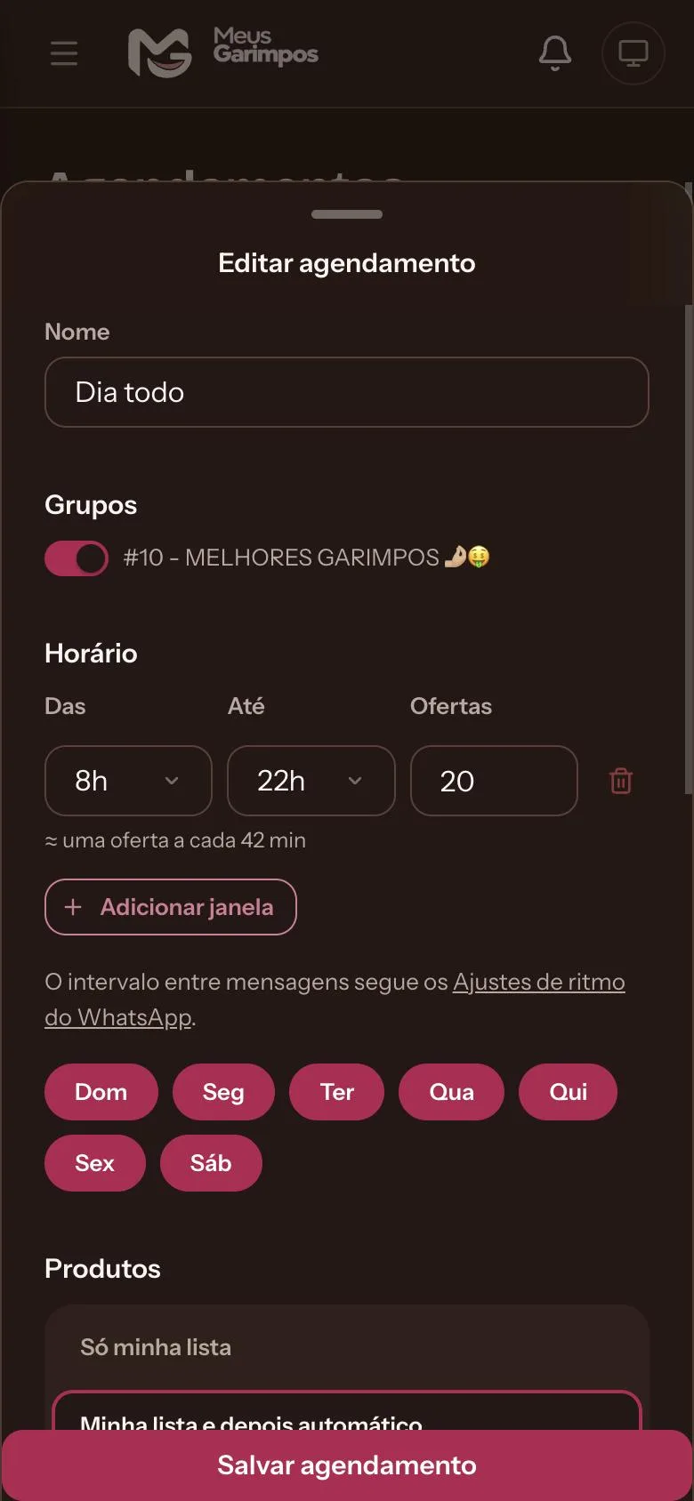 Tela de edição do Agendamento: grupos, horário, quantidade de ofertas, dias e origem dos produtos