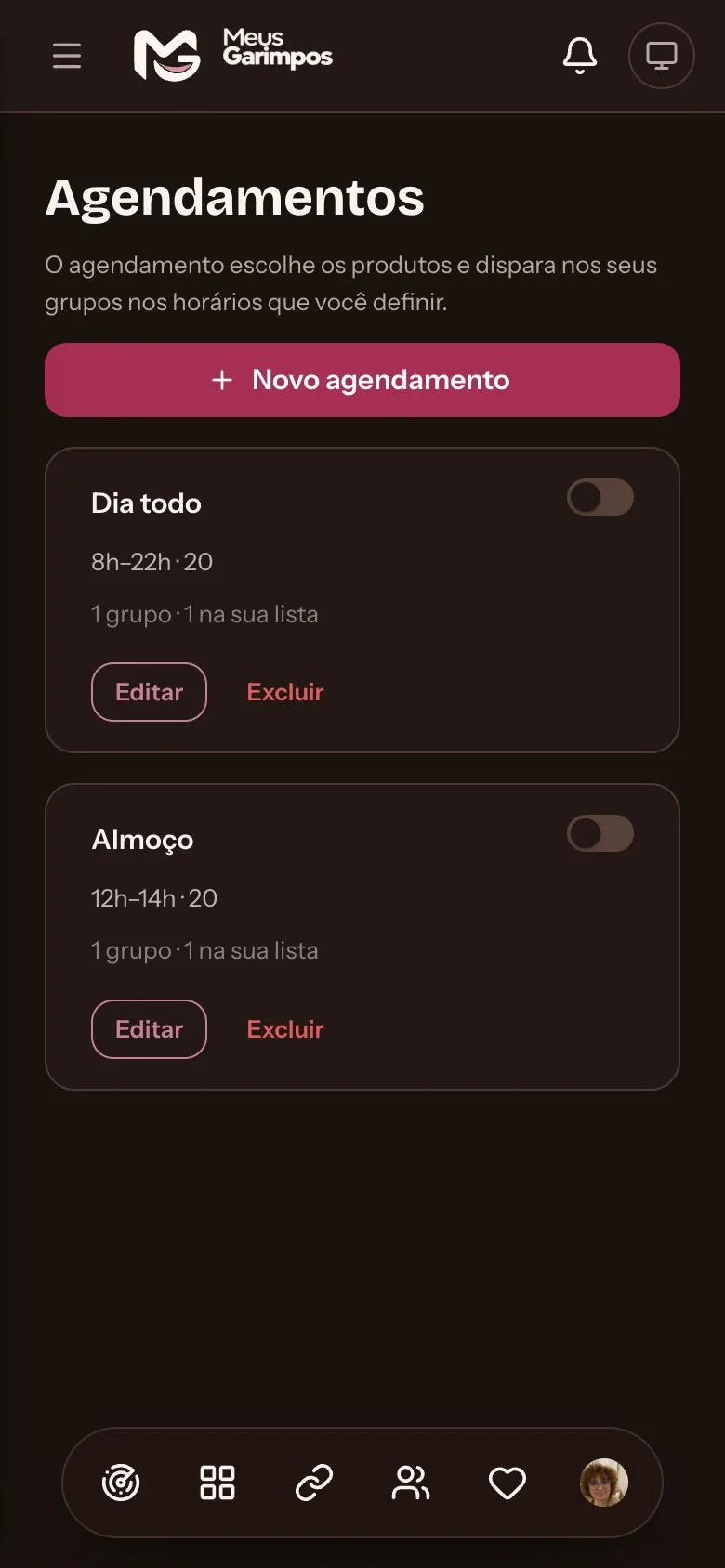 Tela de Agendamentos com os horários e a quantidade de ofertas de cada agendamento