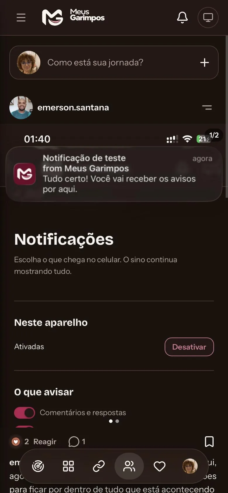 Tela do Feed com publicações, comentários e reações entre afiliadas
