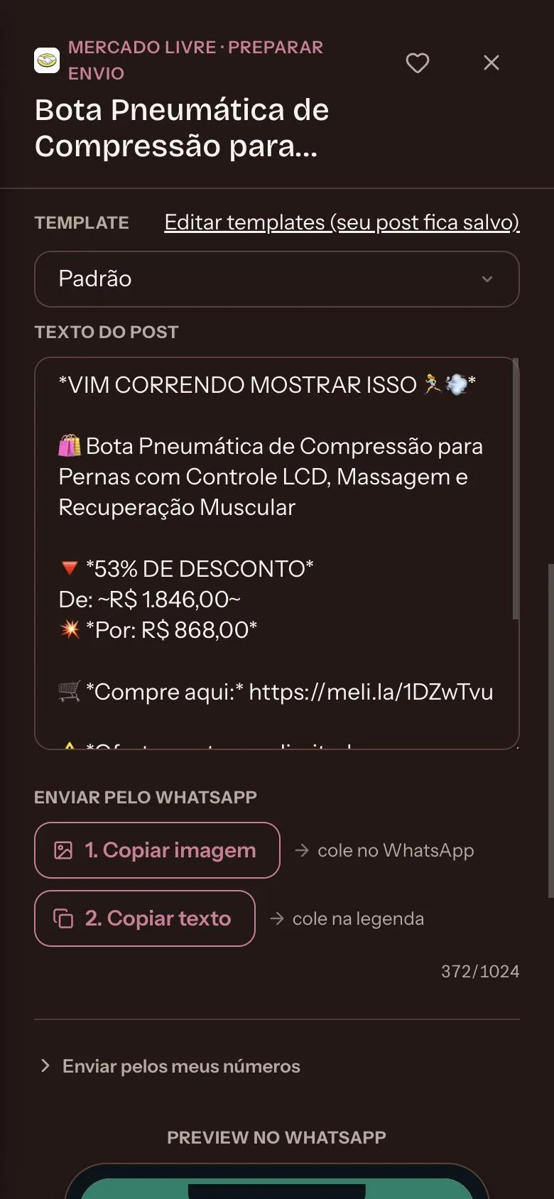 Tela de post gerado com headline, imagem e o link de afiliada