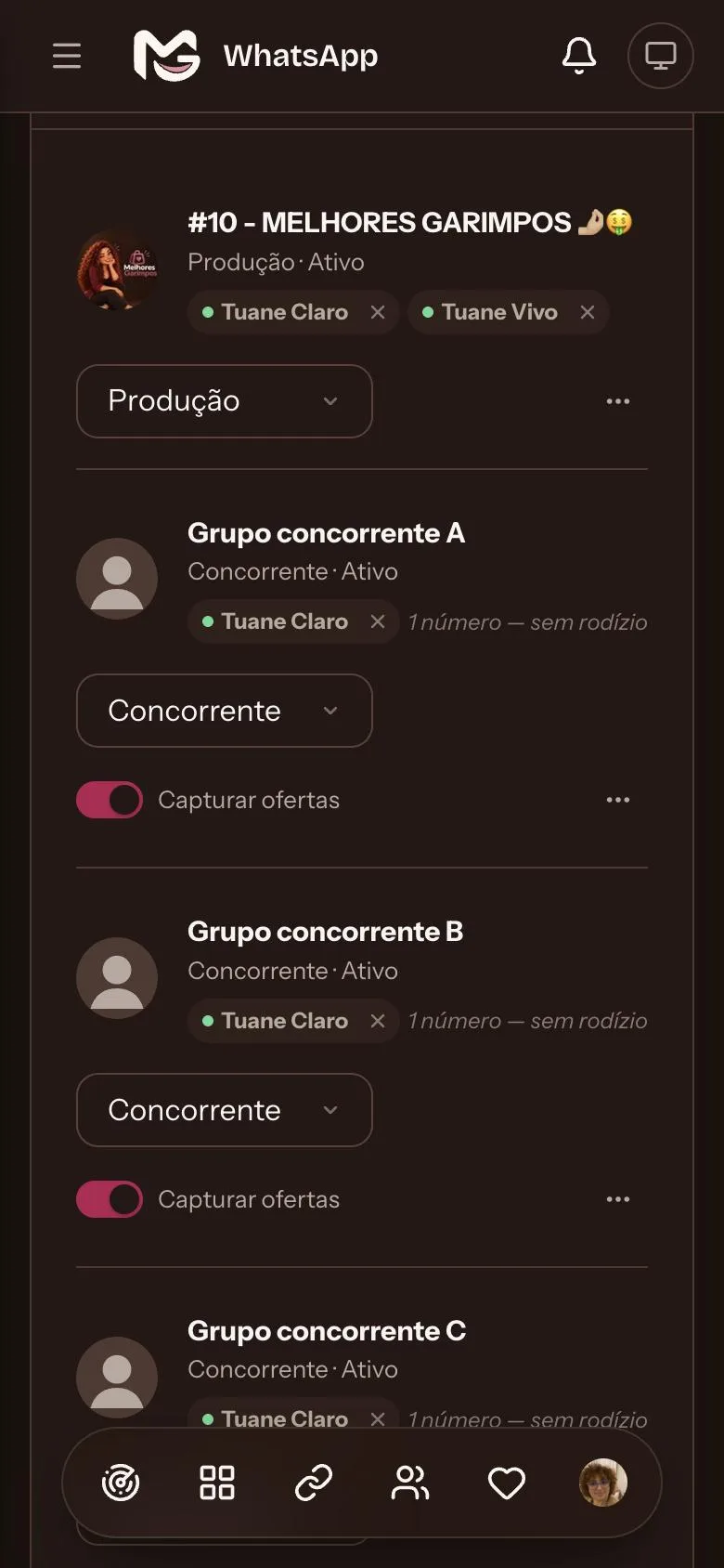 Tela de grupos do WhatsApp com o grupo de envio e os concorrentes acompanhados pelo Radar